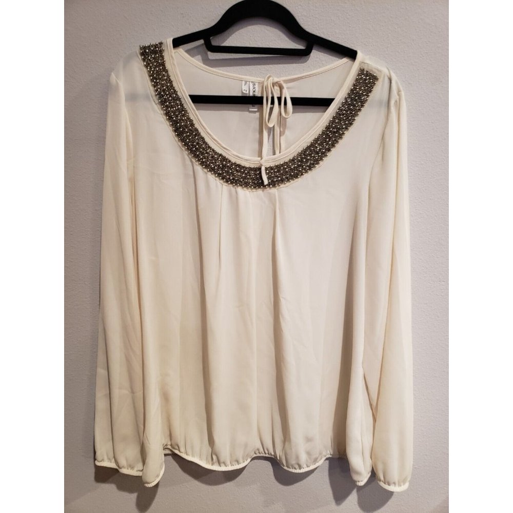 Maurices plus sz 2 Ivory semi-sheer Long Sleeve‎ Beaded Neck keyhole back top